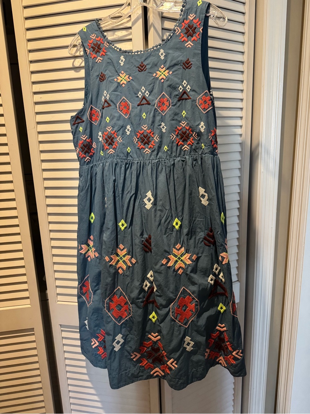 Anthropologie Blue Sleeveless Embroidered Cotton Dress